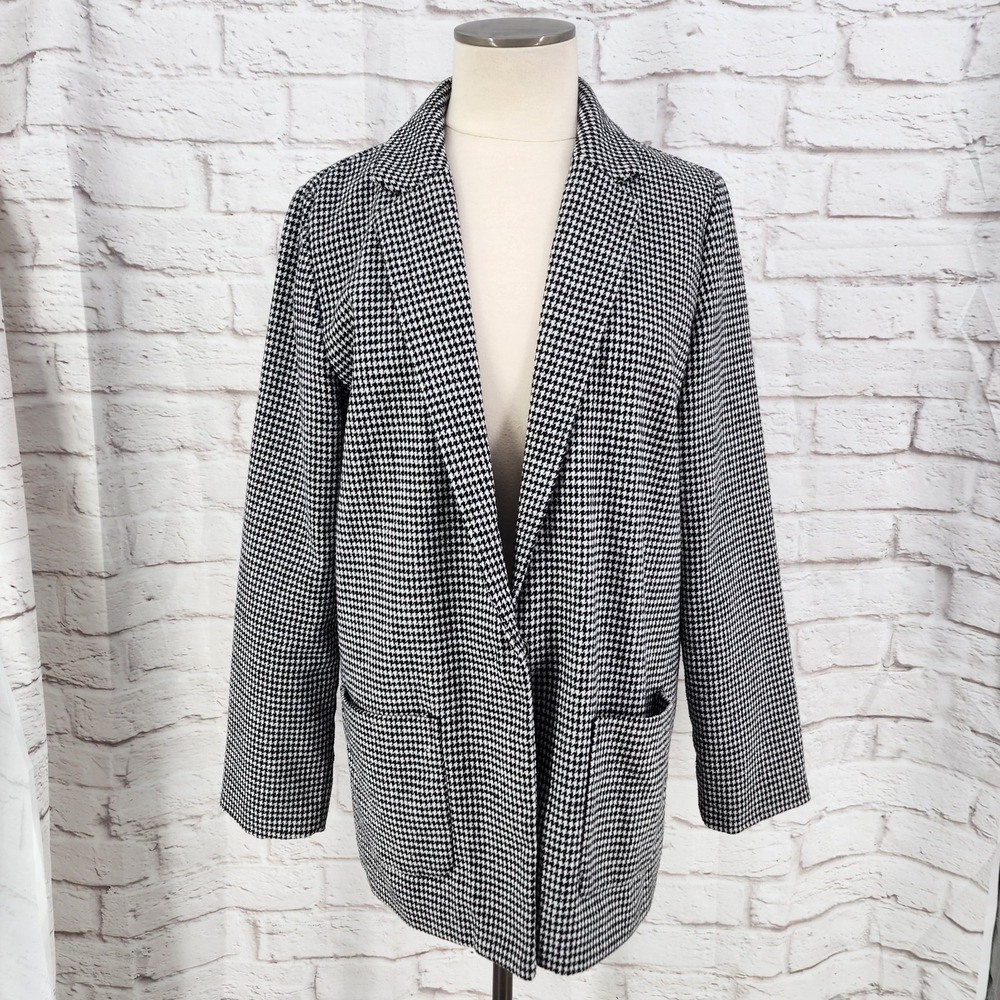 Houndstooth Longline Blazer Jacket Patch Pockets Heritage Academia Office Large